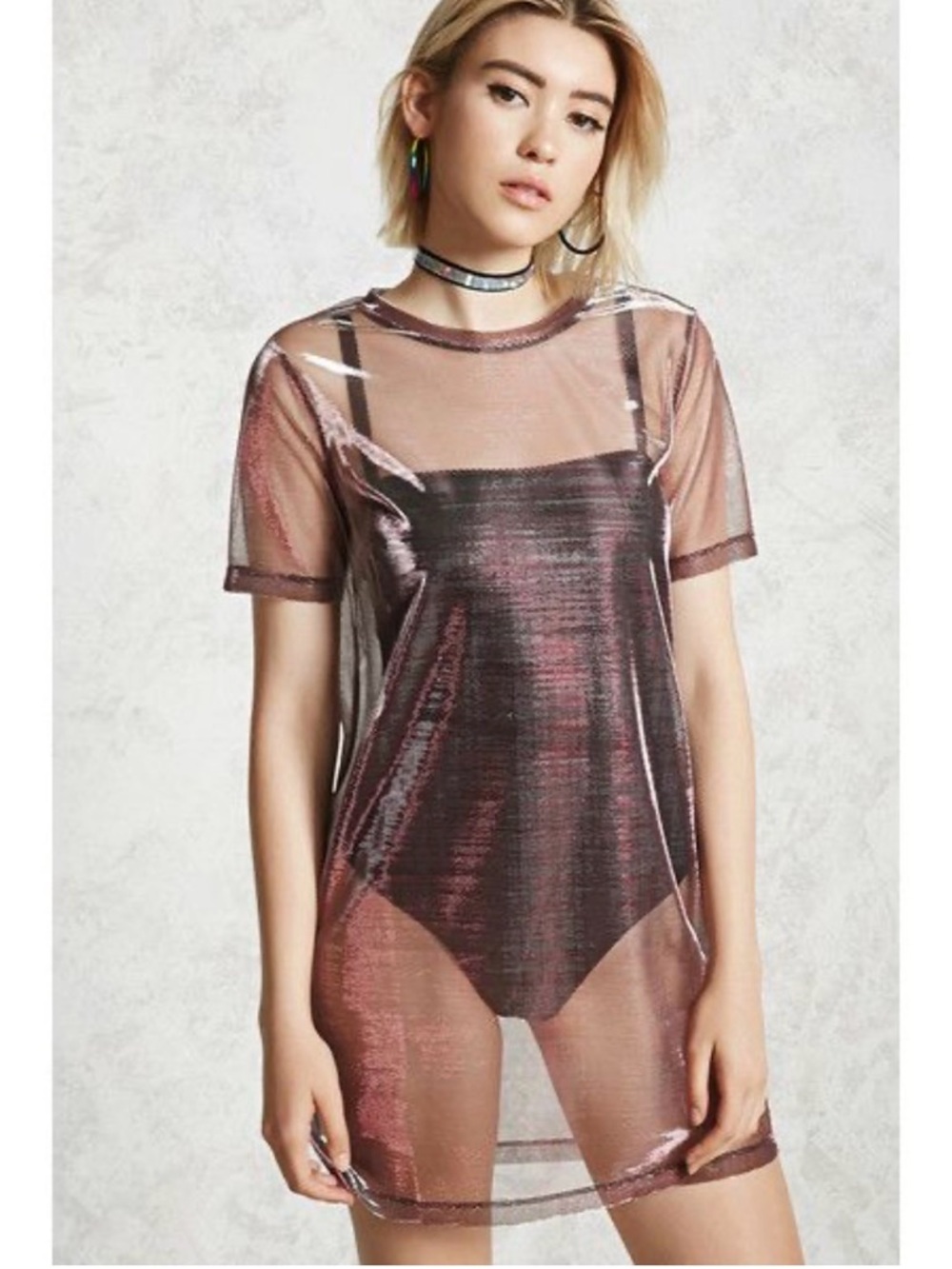 Forever 21 Shimmer Sheer Knit Long T Shirt Top - Champagne Taupe - Picture 1 of 8
